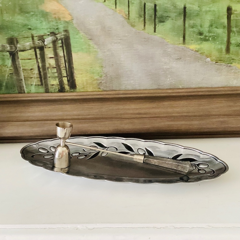 Lenox Silver Oval Tray Olive Branch W/ Scalloped Edge And Candle Snuffer Decor